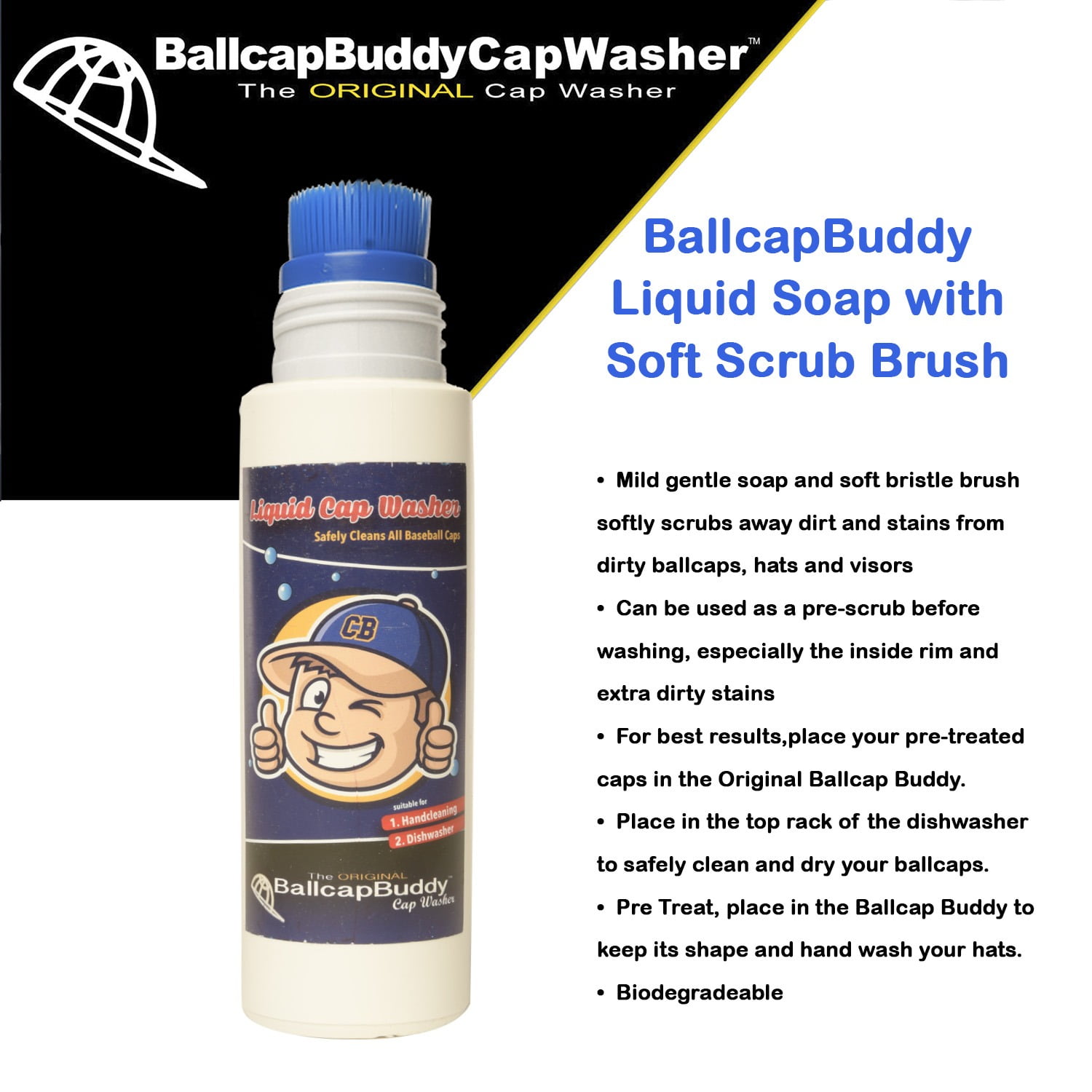 Ballcap Buddy Cap Washer and Gentle Cleaning Soap Squeeze Bottle with Soft  Brush – Combo - BallcapBuddy Cap Washer